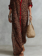 Effortless Glam Sheer Leopard Deep-V Belted Brown Shirt Maxi Dress