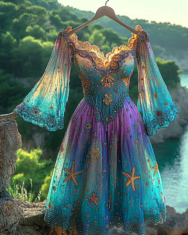 Summer Vacation Starfish Gradient Beaded Chiffon Dress 47c7