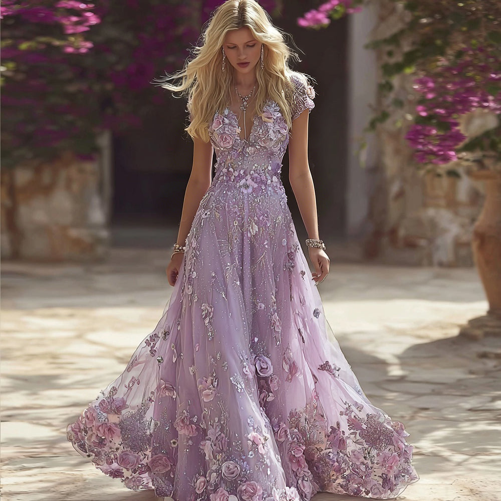 Vintage Boho Glitter Roses Embroidered Flowy Maxi Dress