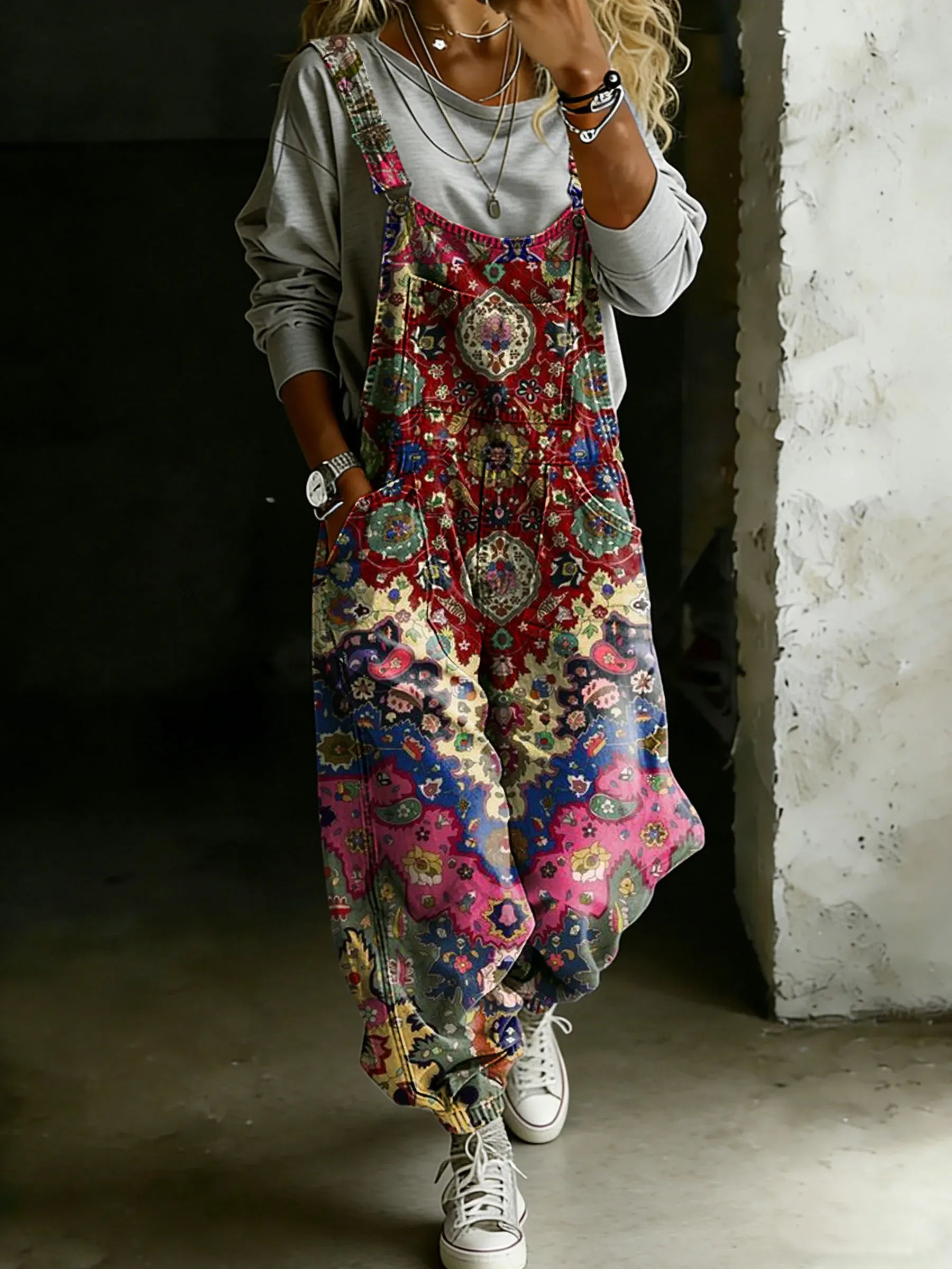 Women’s Vintage Multicolor Ethnic Art Print Casual One Piece Denim Jumpsuit