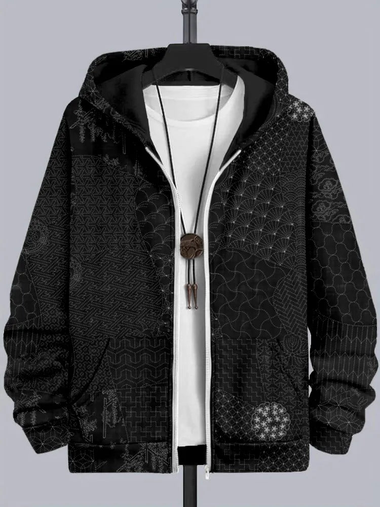 Men's Japanese Traditional Sashiko Art Comfy Full Zip Hoodie
