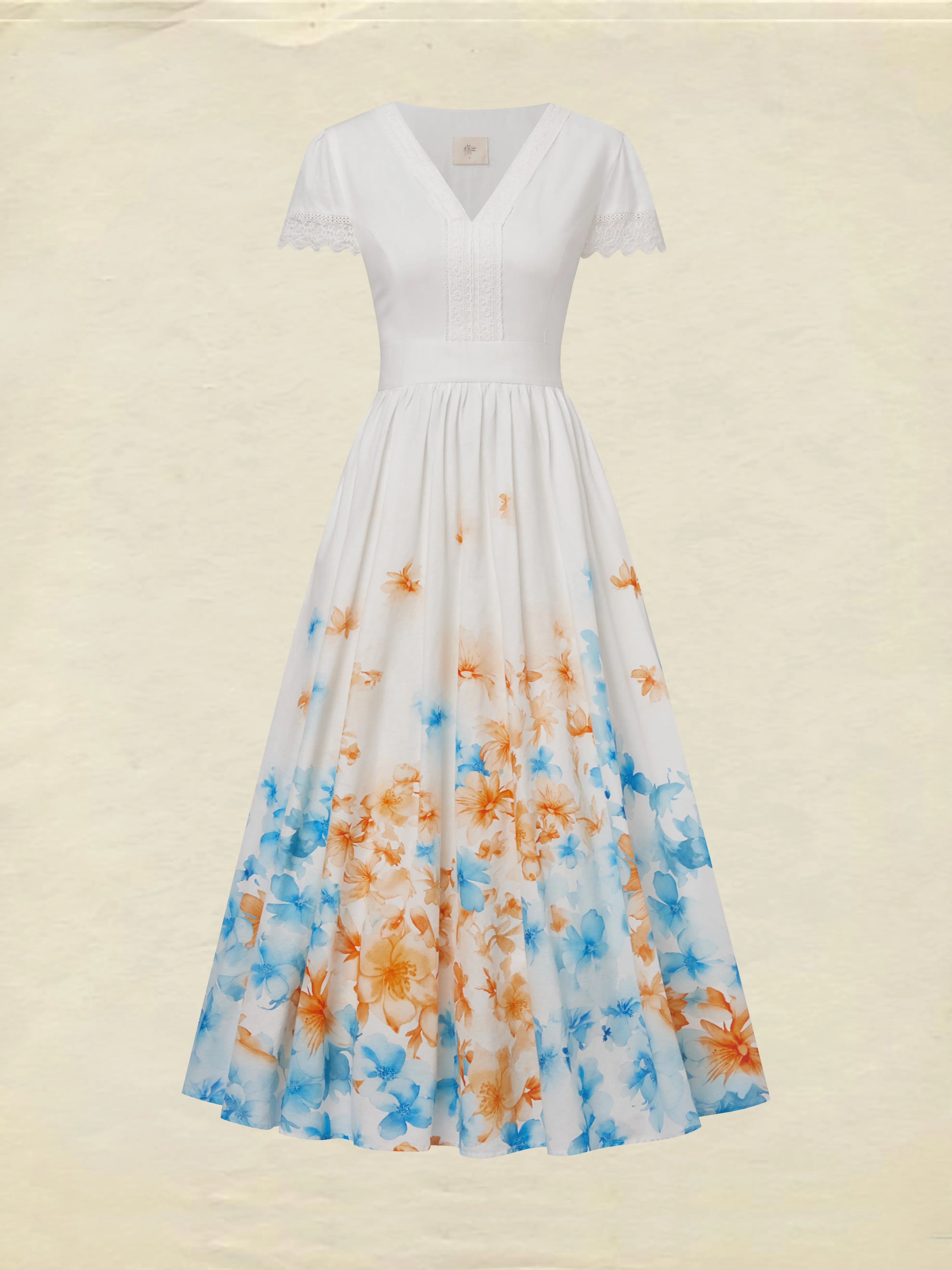 Linen Maxi Dress, Short Sleeve, Lace Collar, Floral, Vintage, White