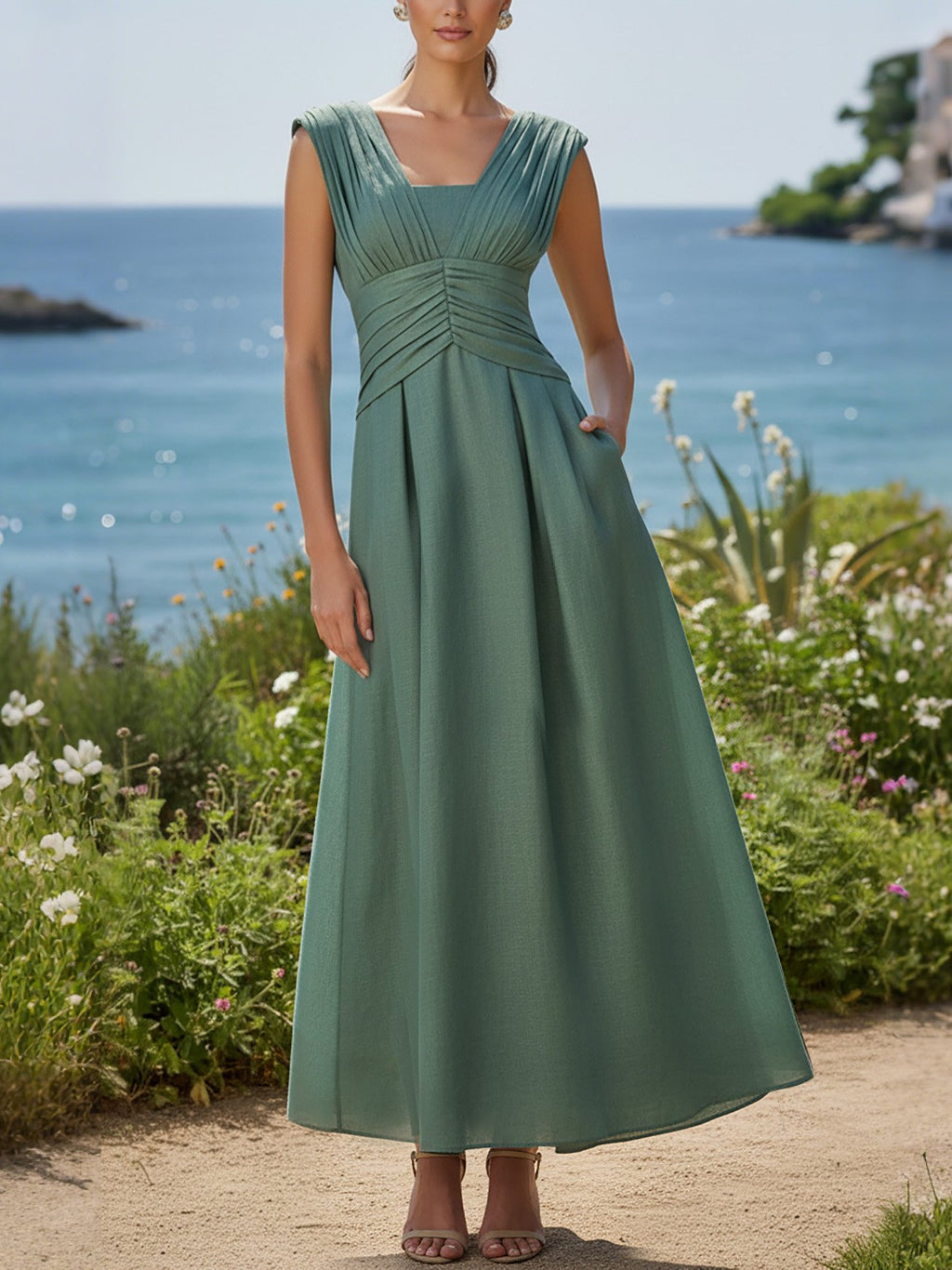 Maxi Linen Dress, Sleeveless, V Neck, Plain, Vintage, Green