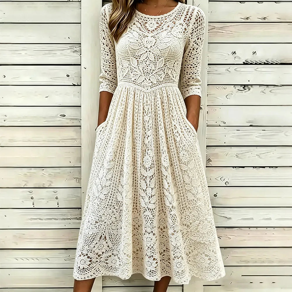 Classy Floral Lace Embroidery Art Cozy Linen Maxi Dress