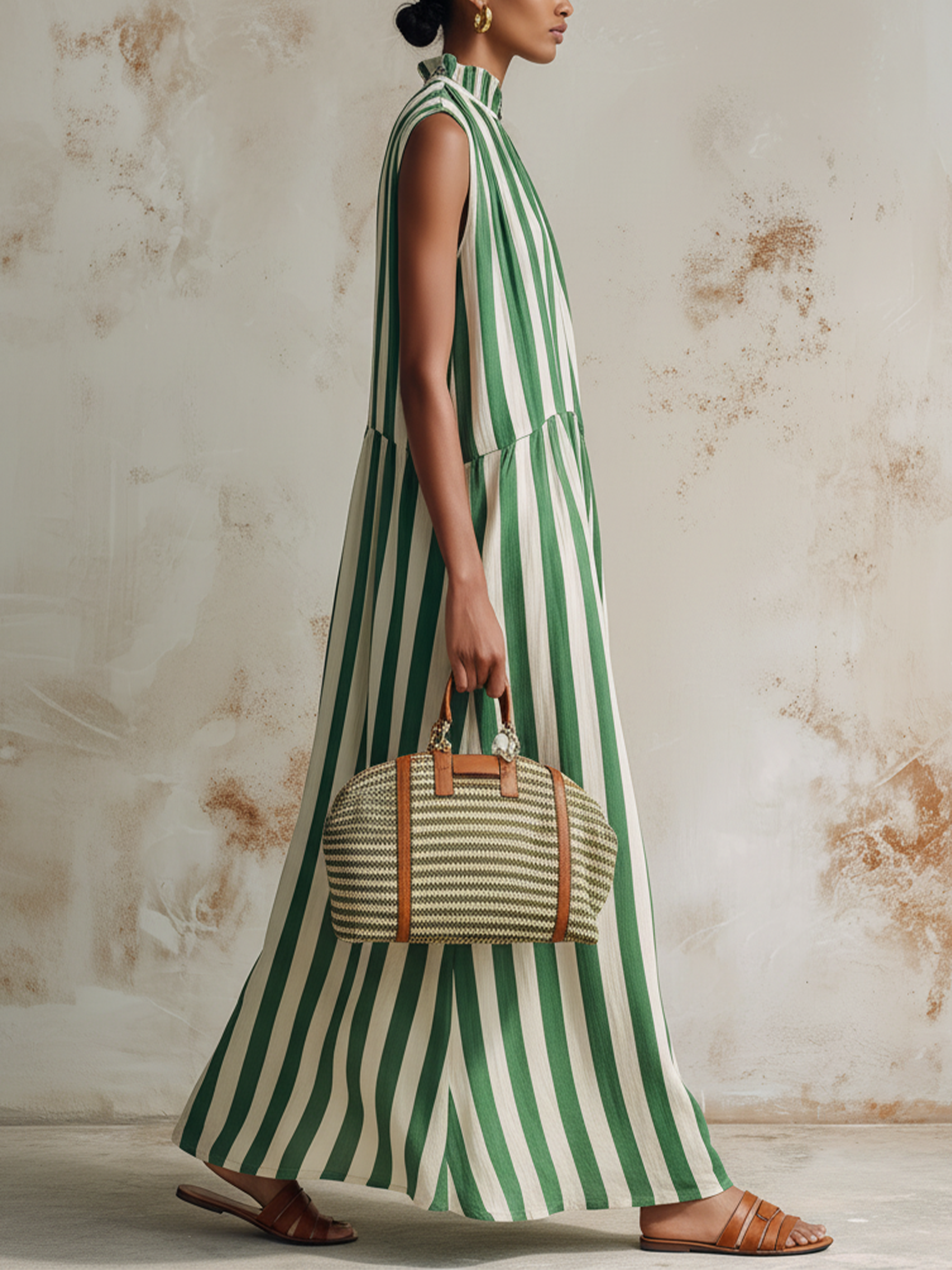 Green & White Striped Sleeveless Maxi Dress With Ruffle Neck