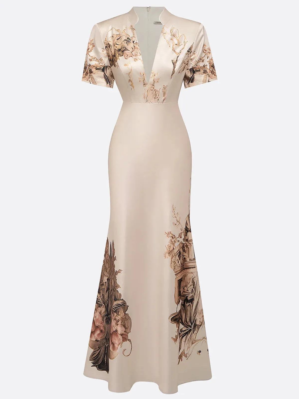 Beige Floral Satin Deep V Neck Short Sleeve Mermaid Gown Dress