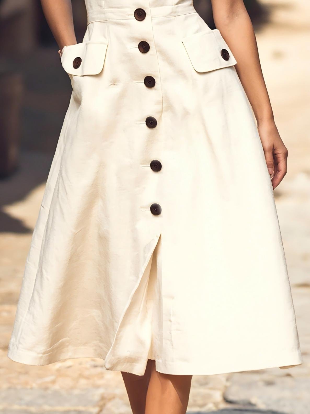 Midi Linen Dress , Sleeveless, Round Neck, Plain, Button Design, French Vintage, Off White
