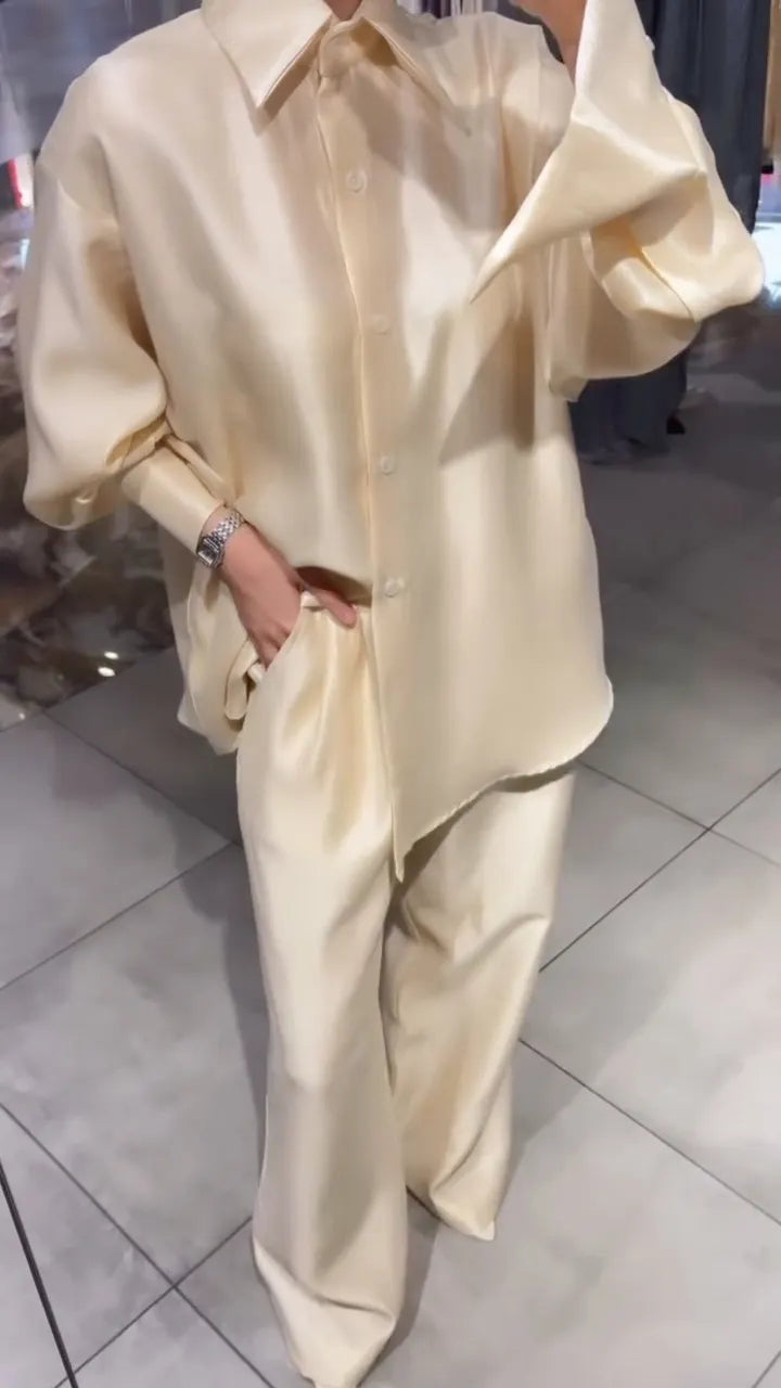 Oversized Satin Shirt & Wide Leg Trouser Two Piece Matching Set