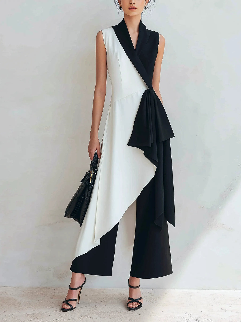 Black & White Asymmetric Wrap Top & Wide-Leg Pants Set