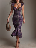 Retro Ruched Ruffle-Sleeve Fishtail Midi Dress