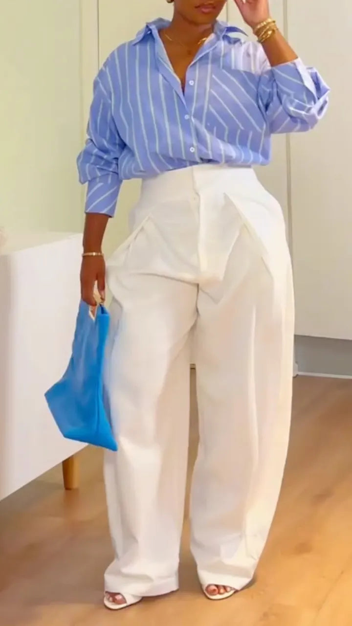 Striped Shirt & White Wide Leg Pants Two‐Piece Outfit
