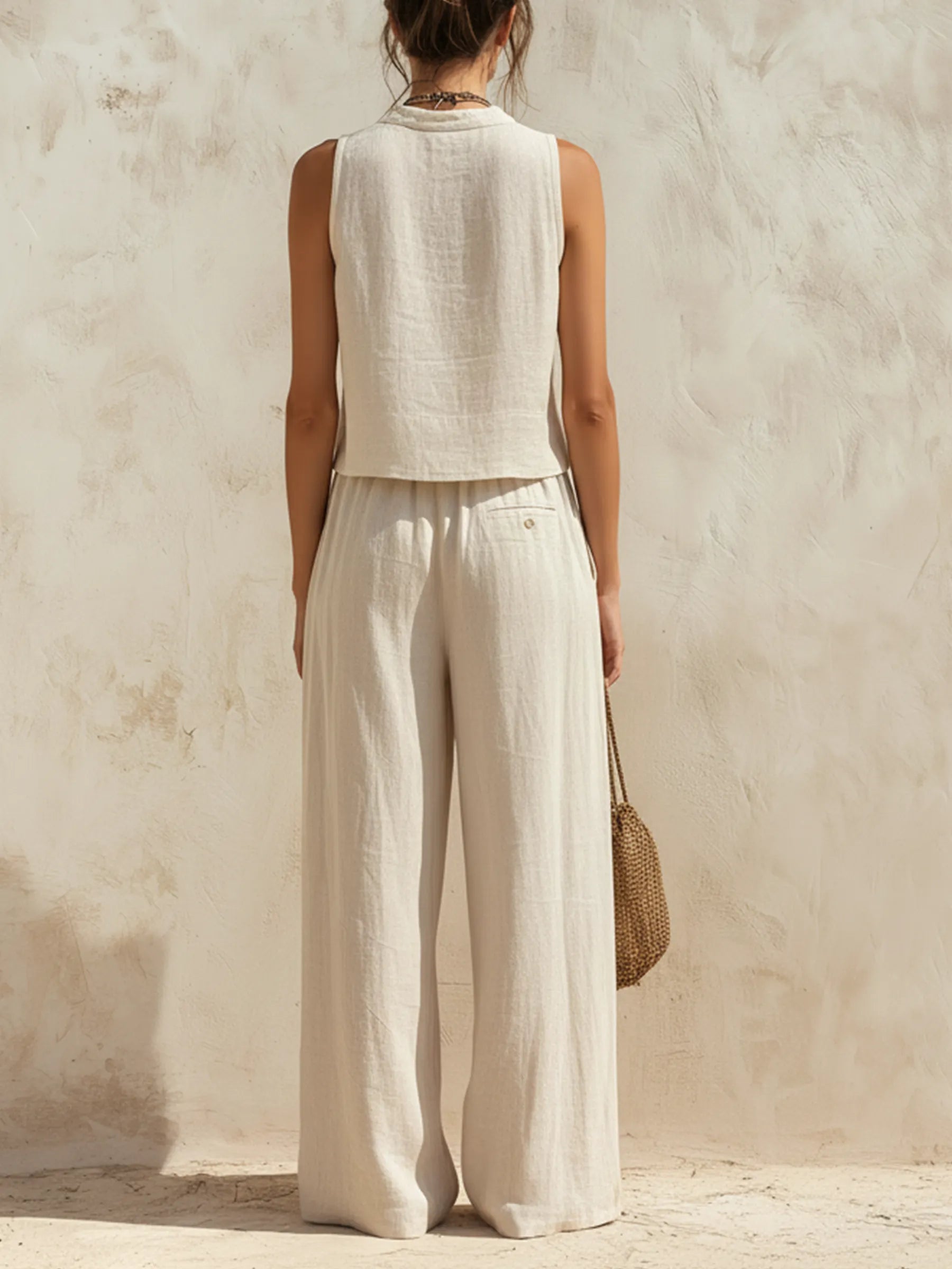 Beige Linen-Blend Sleeveless Top & Drawstring Wide-Leg Pants Two-Piece Set