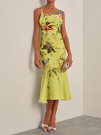 Yellow Floral Applique Spaghetti Mermaid Midi Dress