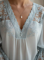 Elegant Powder Blue Lace & Chiffon Blouse with Bell Sleeves