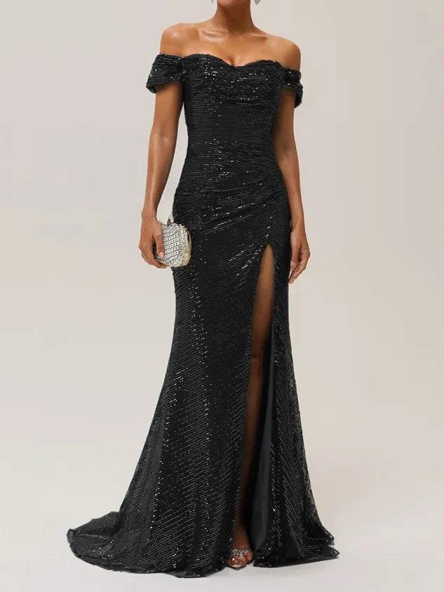 Blue Ruched Slit Sequin Off The Shoulder Short Sleeve Sheath Gown