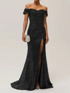 Blue Ruched Slit Sequin Off The Shoulder Short Sleeve Sheath Gown