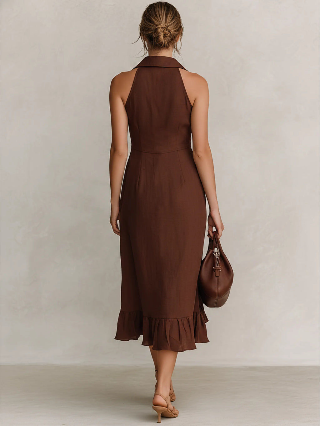 Chocolate Brown Cotton-Linen Blend Halter Neck Zip-Front Ruffle Midi Dress