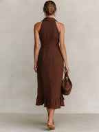Chocolate Brown Cotton-Linen Blend Halter Neck Zip-Front Ruffle Midi Dress