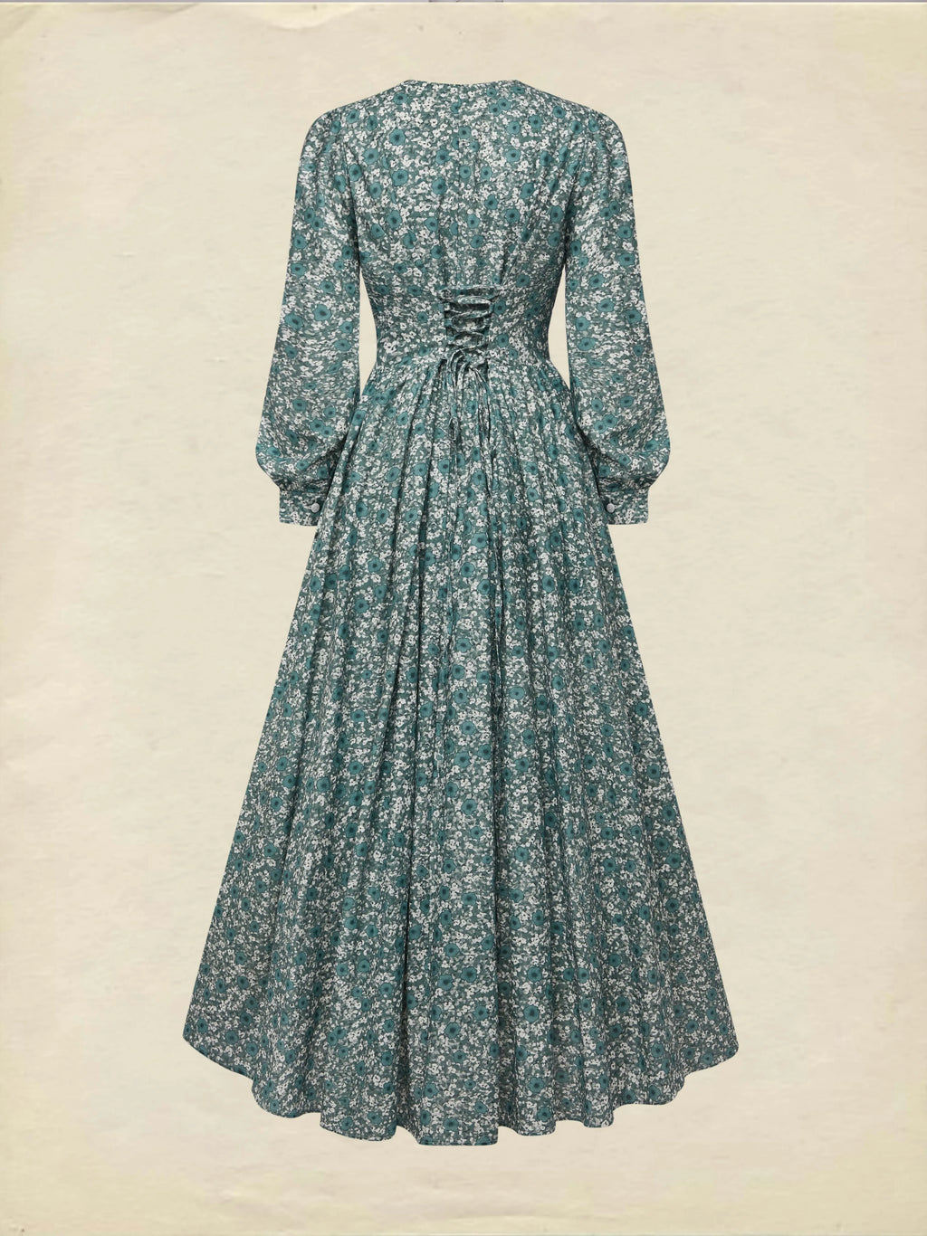 Maxi Linen Dress, Long Sleeves, V Neck, Floral, Button Design, Vintage, Green