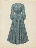Maxi Linen Dress, Long Sleeves, V Neck, Floral, Button Design, Vintage, Green
