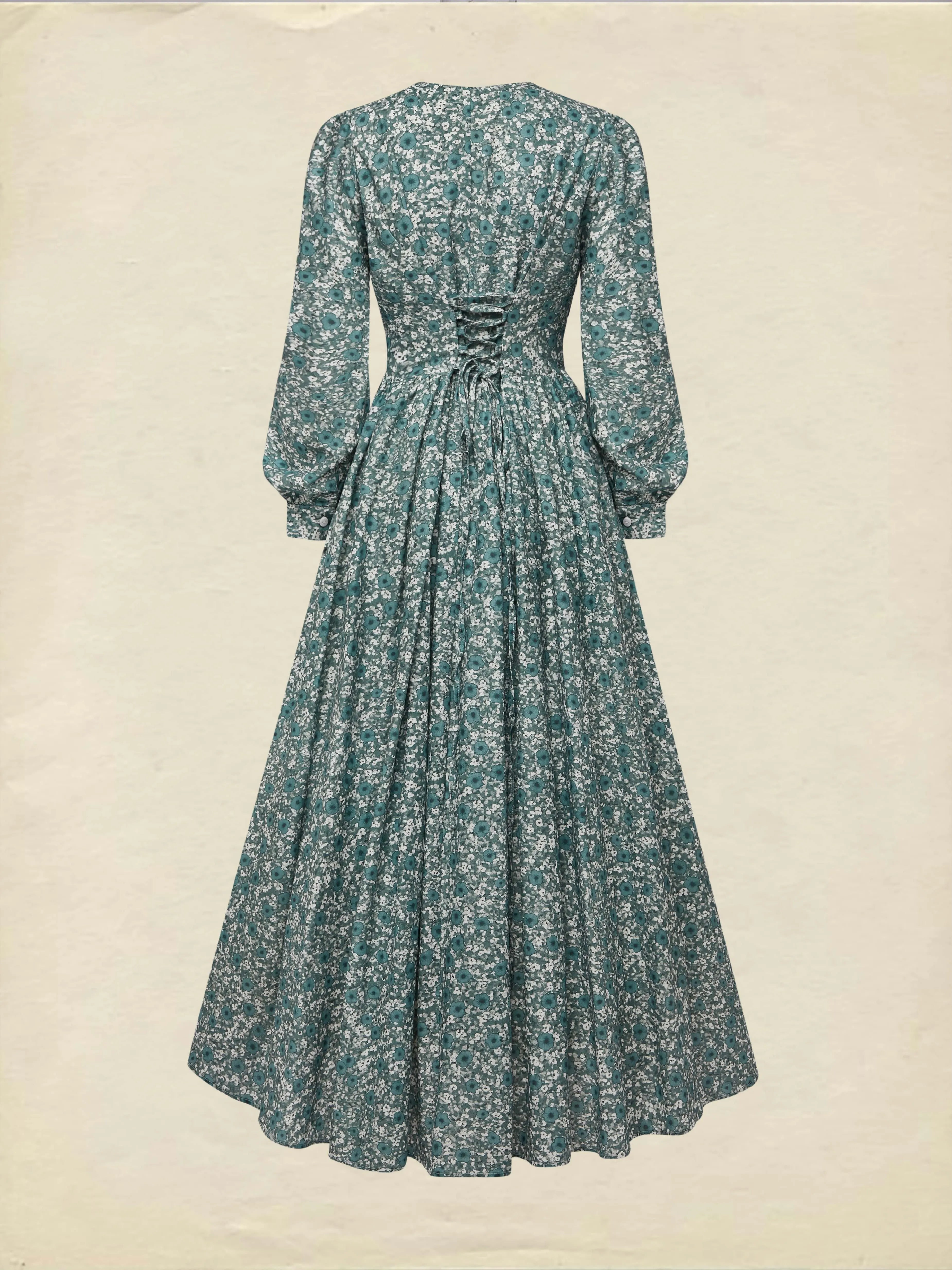 Maxi Linen Dress, Long Sleeves, V Neck, Floral, Button Design, Vintage, Green