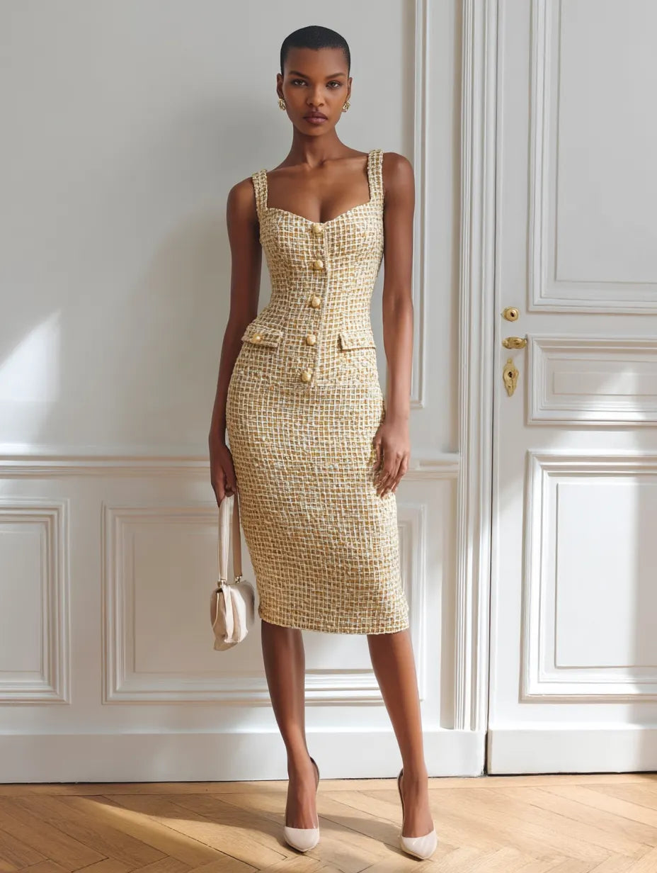 Golden Buckle Pocket Stitching Tweed Spaghetti Sleeveless Sheath Midi Dress