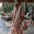 Women's Vintage Pink Floral Art V Neck Long Sleeve Maxi Dress