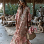 Women's Vintage Pink Floral Art V Neck Long Sleeve Maxi Dress