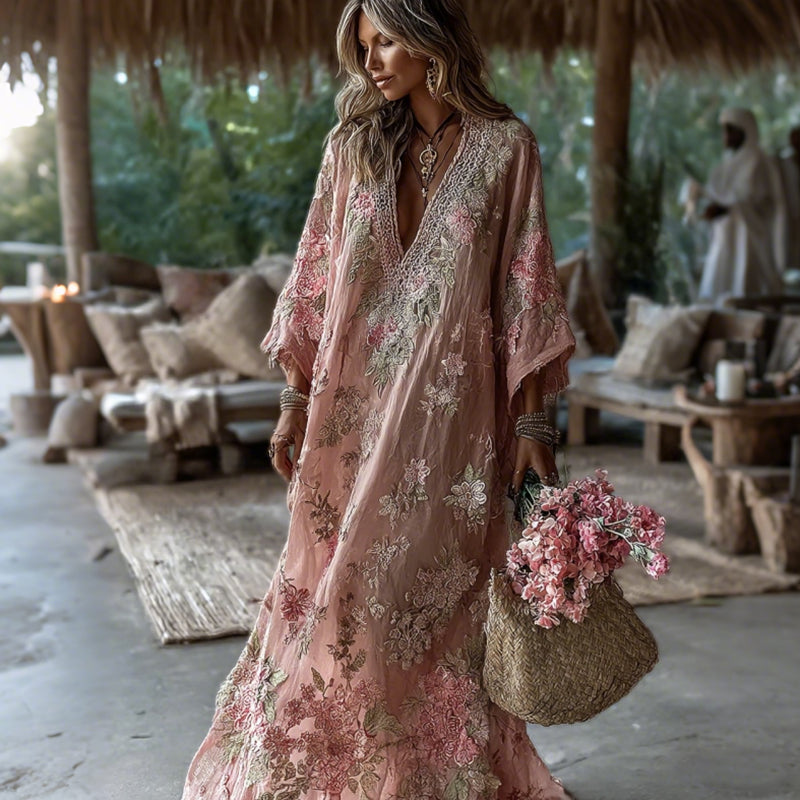 Women's Vintage Pink Floral Art V Neck Long Sleeve Maxi Dress