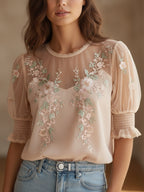 Elegant Floral Embroidered Sheer Blouse