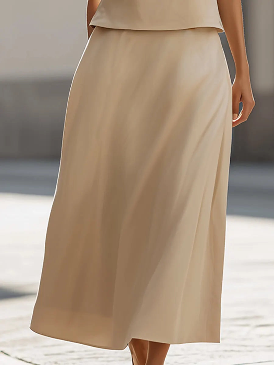 Linen-Blend Sleeveless Top & Midi Skirt Two-Piece Set