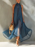 Blue Chiffon Sleeveless Maxi Dress