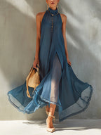 Blue Chiffon Sleeveless Maxi Dress