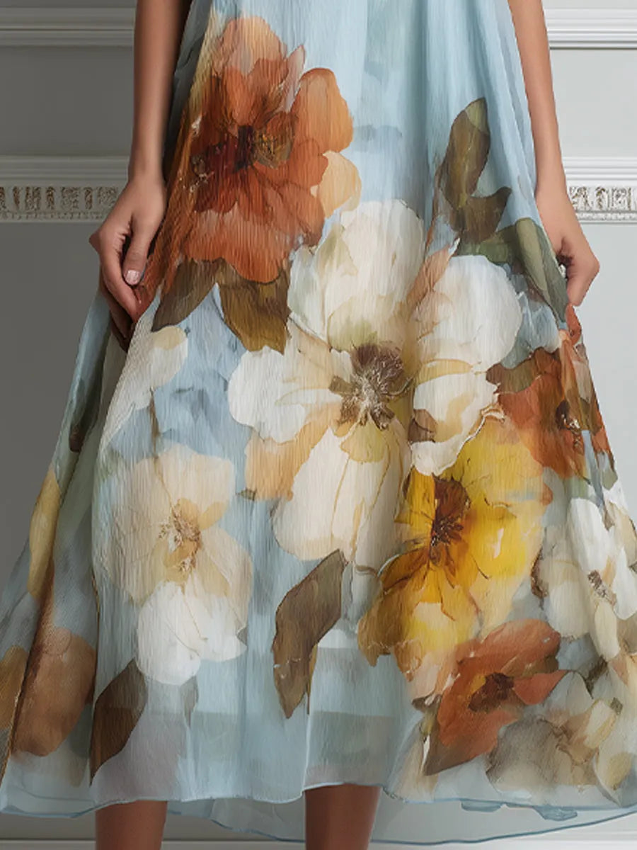 Elegant Floral Chiffon A-Line Midi Dress