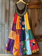 Boho Floral Embroidered Patchwork Linen Blend Dress a7fb