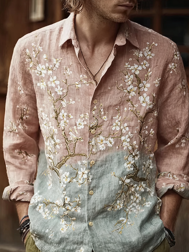 Bohemian Retro Style Floral Print Men's Long-sleeve Shirt