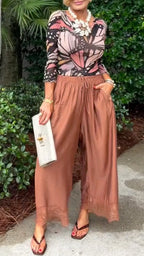 Butterfly Print Mesh Top & Lace Hem Satin Wide Leg Pants