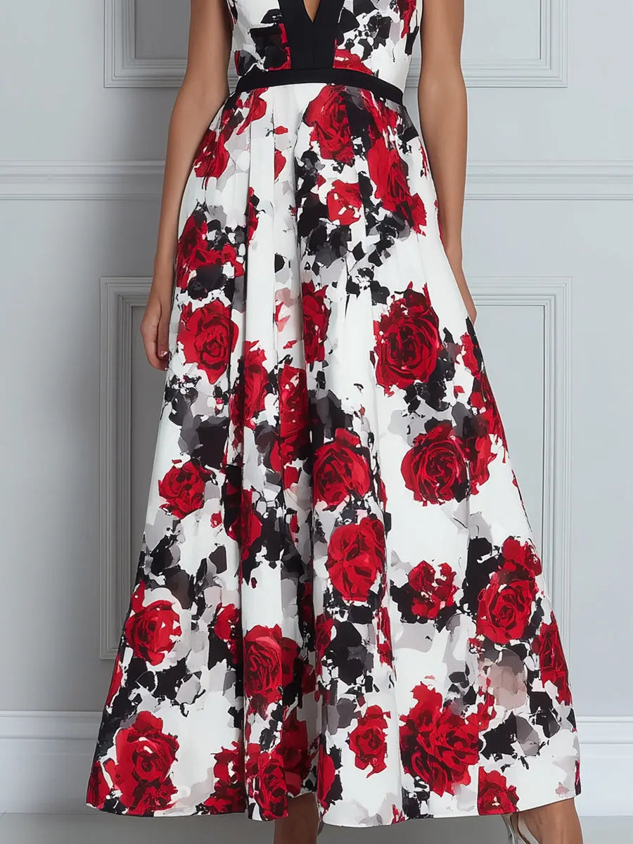 Deep V-Neck Contrast Trim Floral Print A-Line Midi Dress
