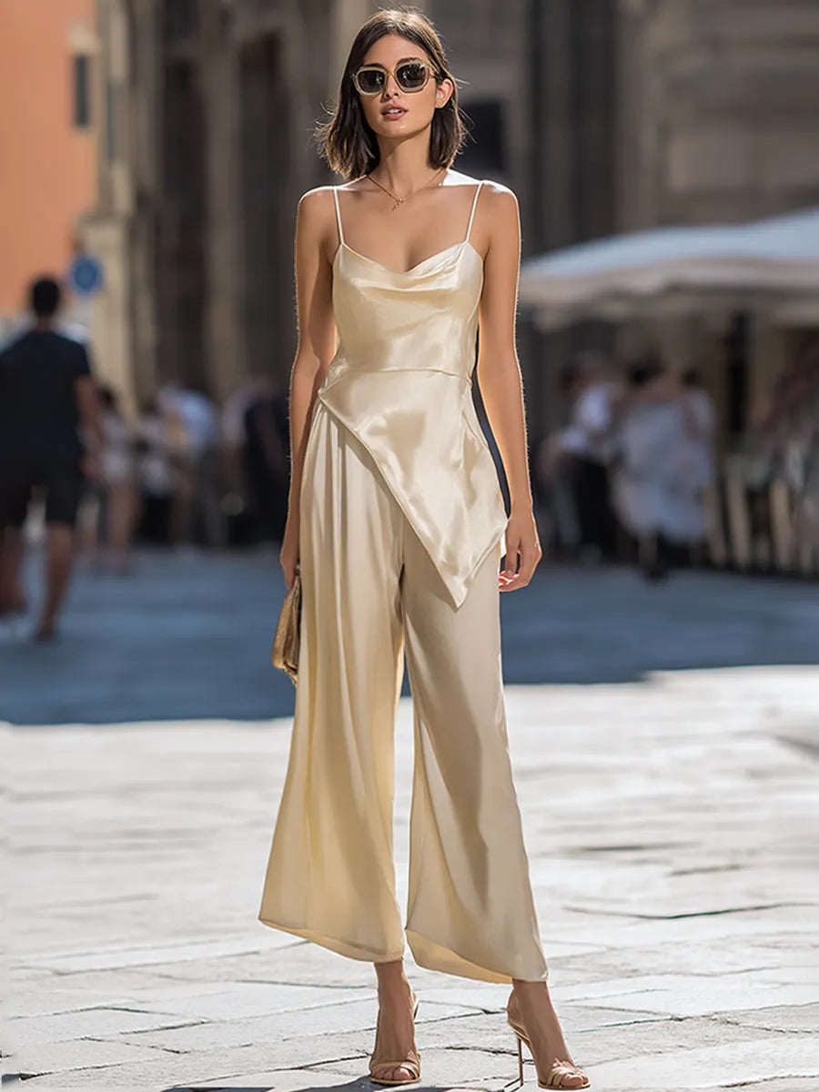 Asymmetrical Draped Satin Cami & Wide-Leg Two-Piece Set