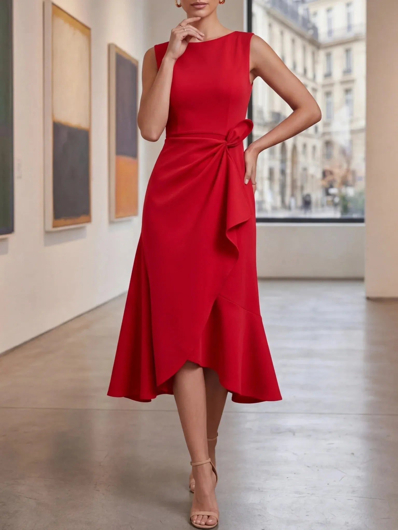 Red Sleeveless Midi Dress Elegant Ruched Waist & Flounce Hem for Weddings and Parties