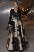Black Champagne 3D Floral Print High Waist A-Line Maxi Dress