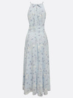 Light Blue Stamped Bronzing Jacquard Floral Chiffon Halter Sleeveless A-Line Maxi Dress
