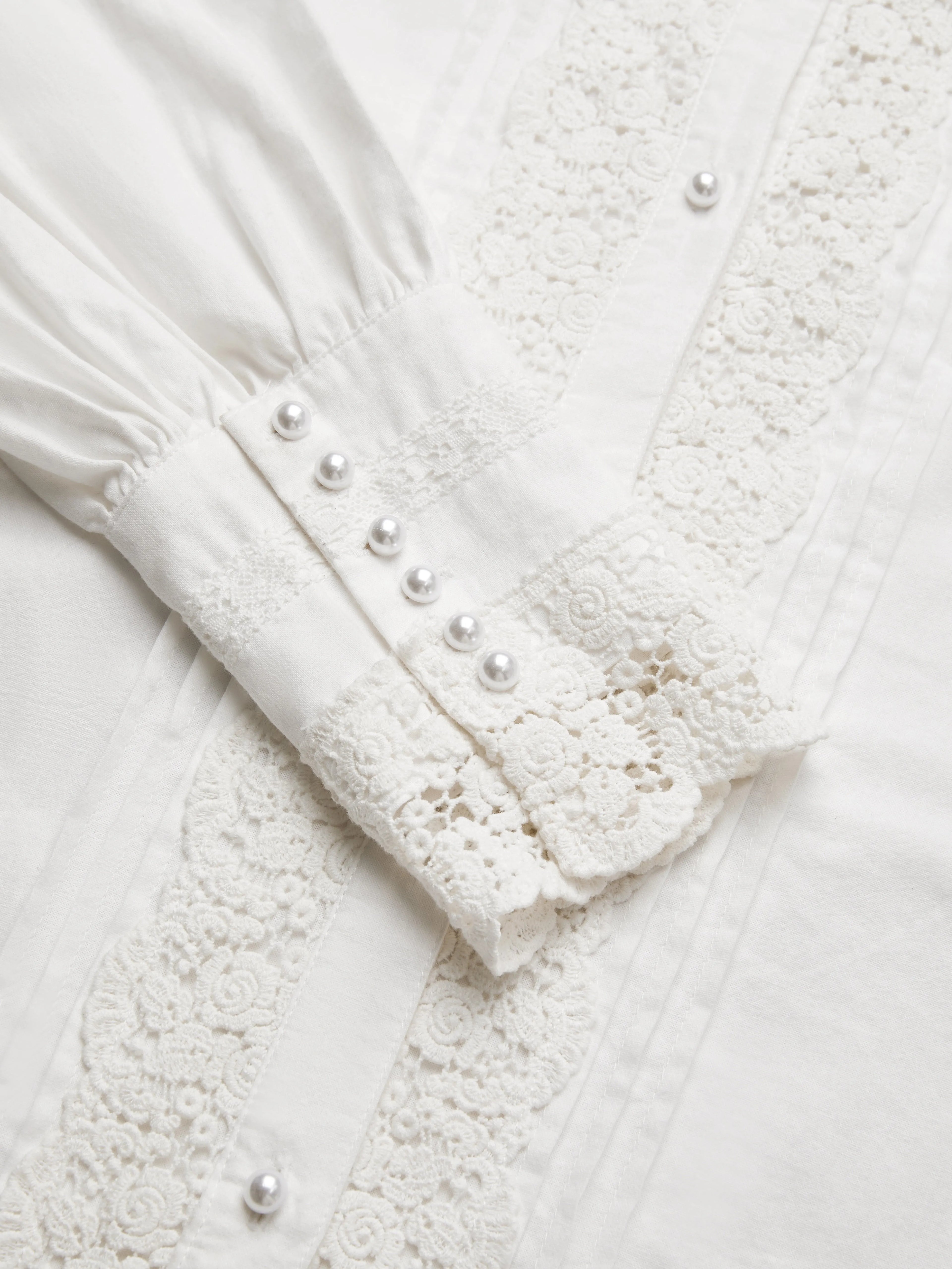 Linen Shirt, Long Sleeves, Stand Collar, Plain, Lace, Vintage, Ivory