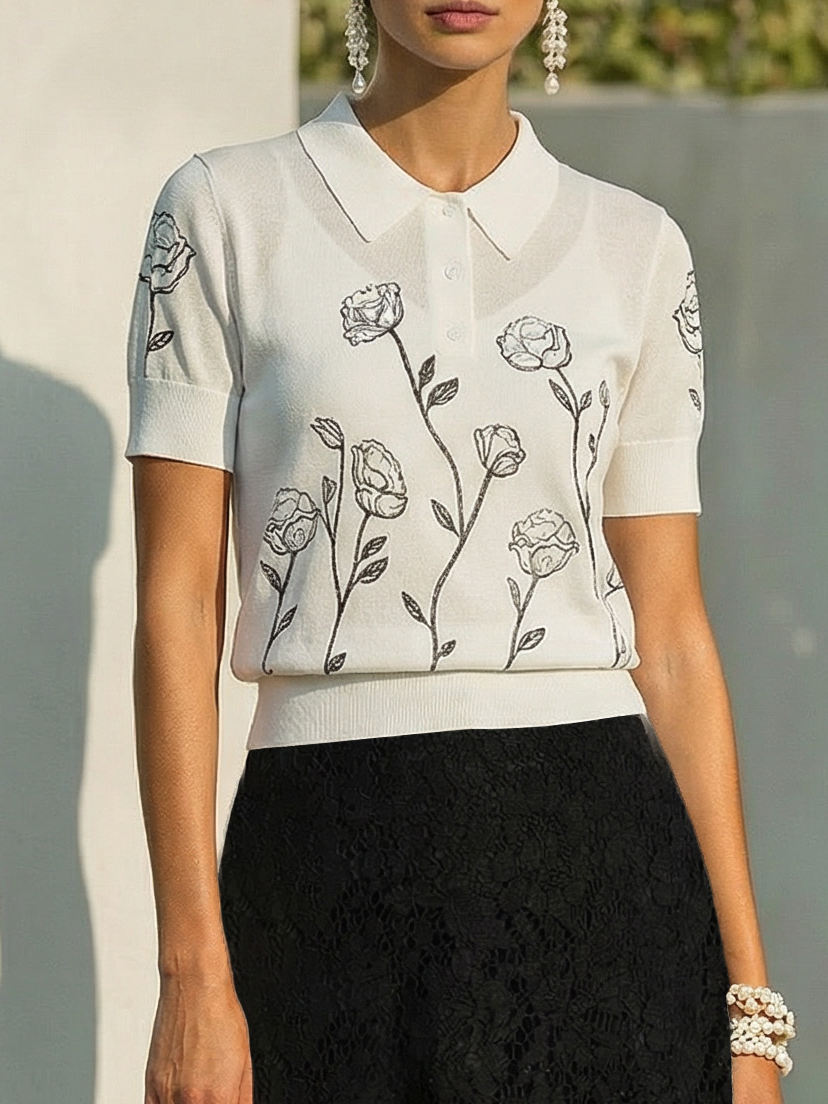 Sweater, Short Sleeves, Shawl Collar, Floral, Button Design, Inner Vest Not Included, White