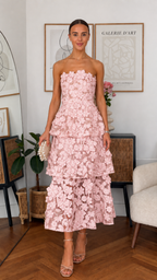 3D Floral Strapless Tiered Midi Dress