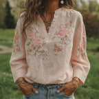 Women's Rose Art Pattern V-neck Loose Blouse