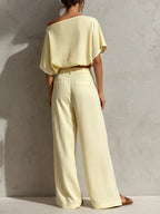 Butter Yellow Linen-Blend Off-Shoulder Top & Split Hem Wide-Leg Pants Set