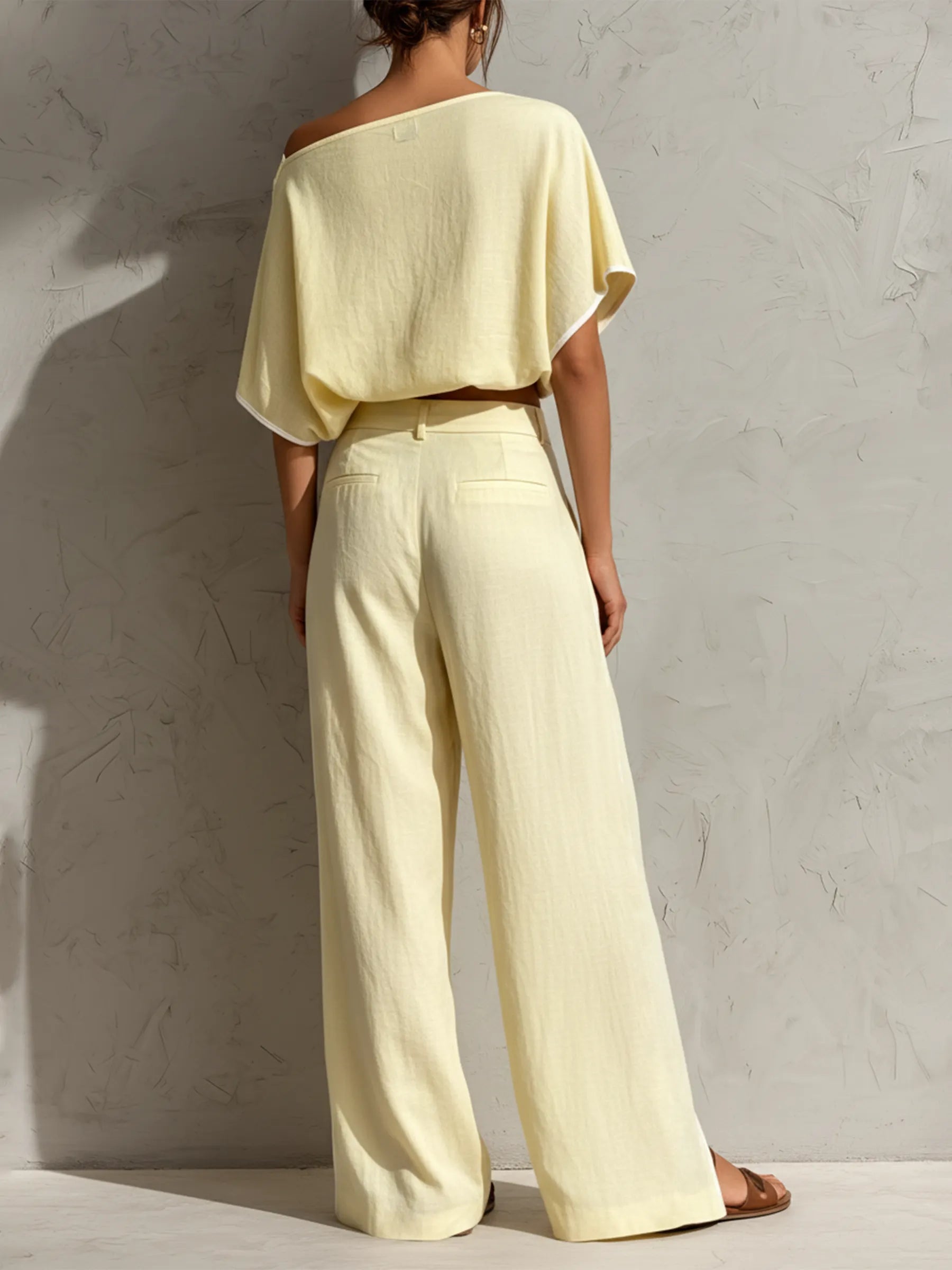 Butter Yellow Linen-Blend Off-Shoulder Top & Split Hem Wide-Leg Pants Set