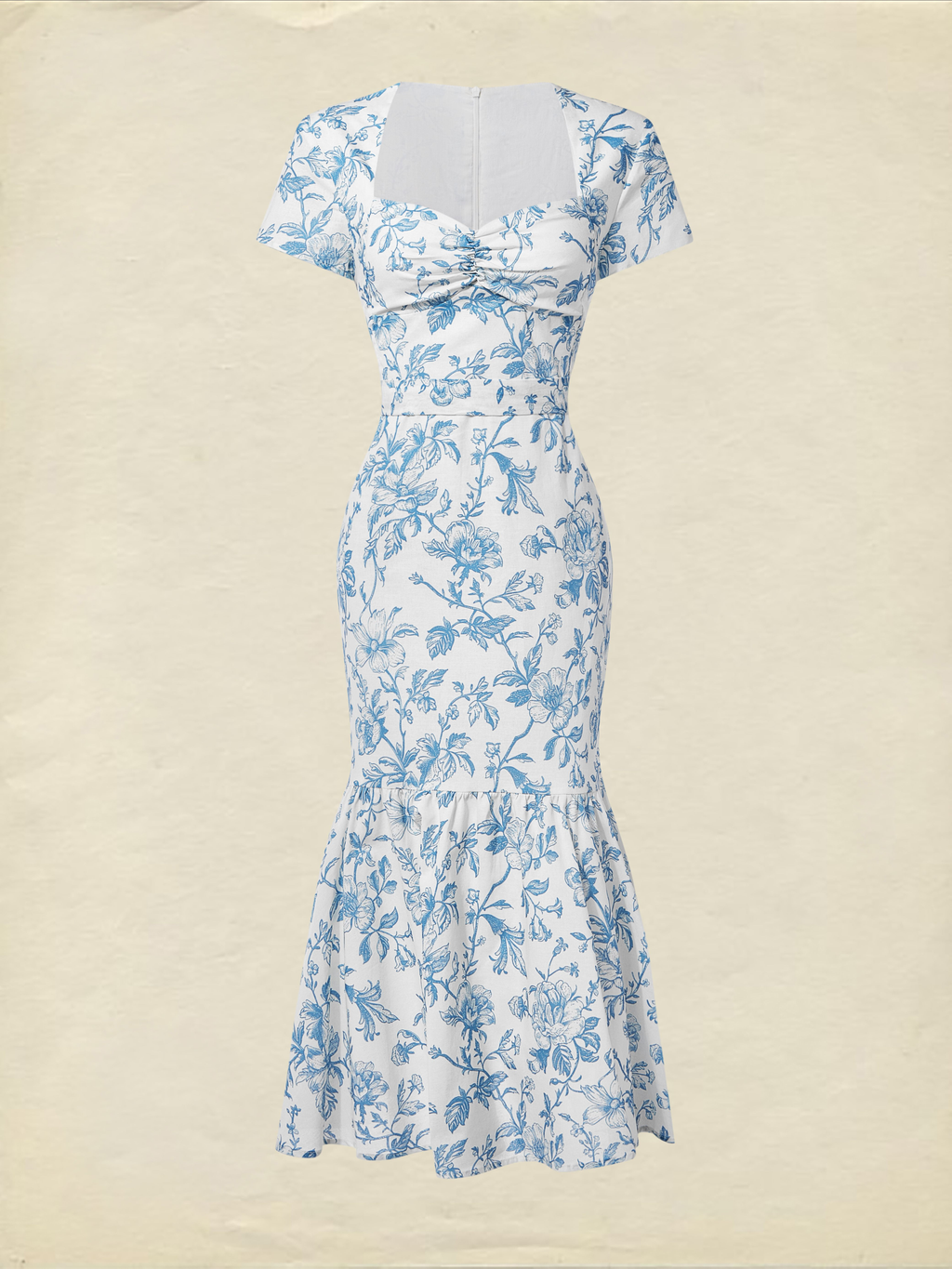 Midi Linen Dress, Short Sleeves, Sweetheart Neck, Floral, Ruffles, Vintage, Blue