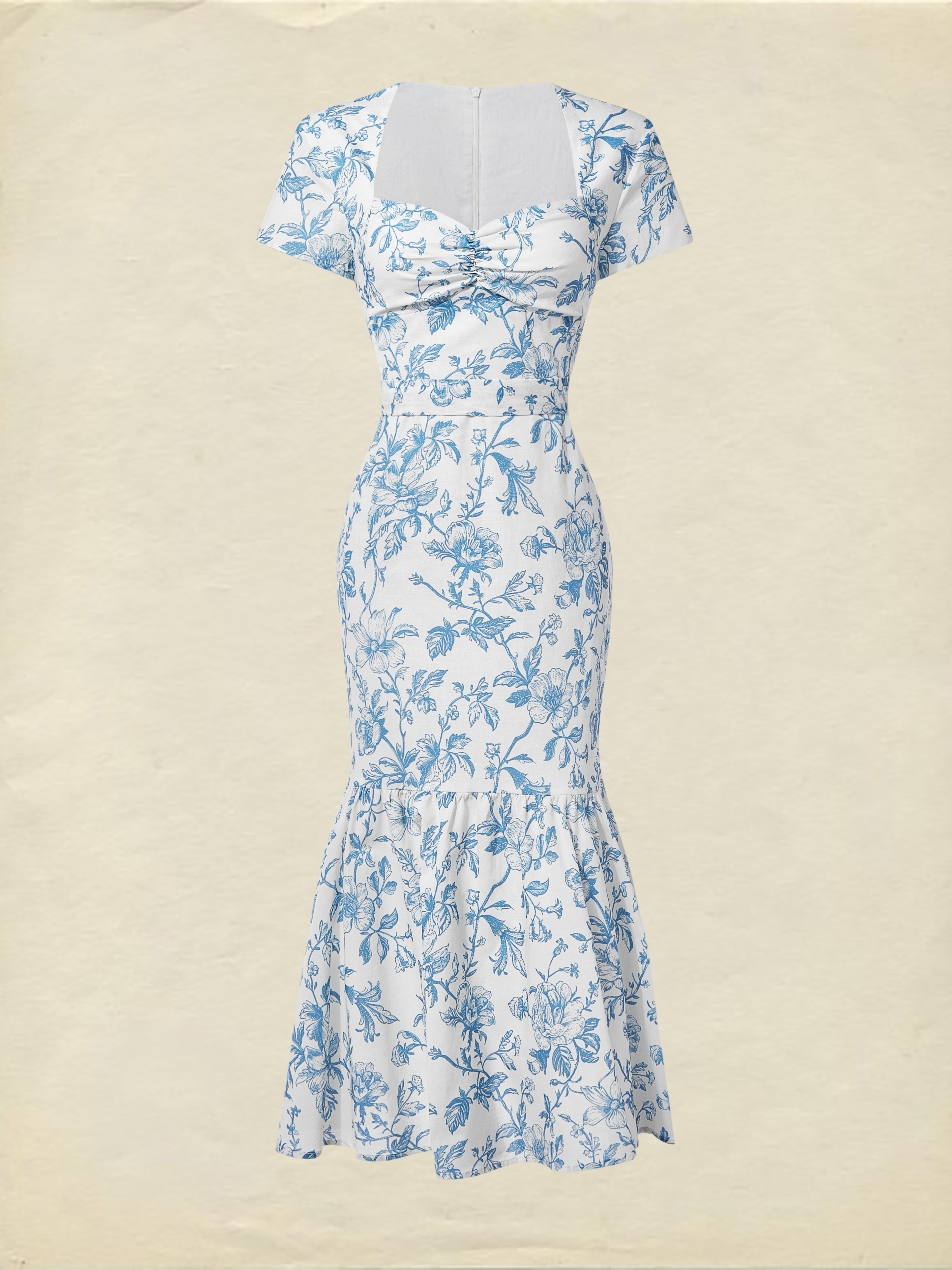 Midi Linen Dress, Short Sleeves, Sweetheart Neck, Floral, Ruffles, Vintage, Blue